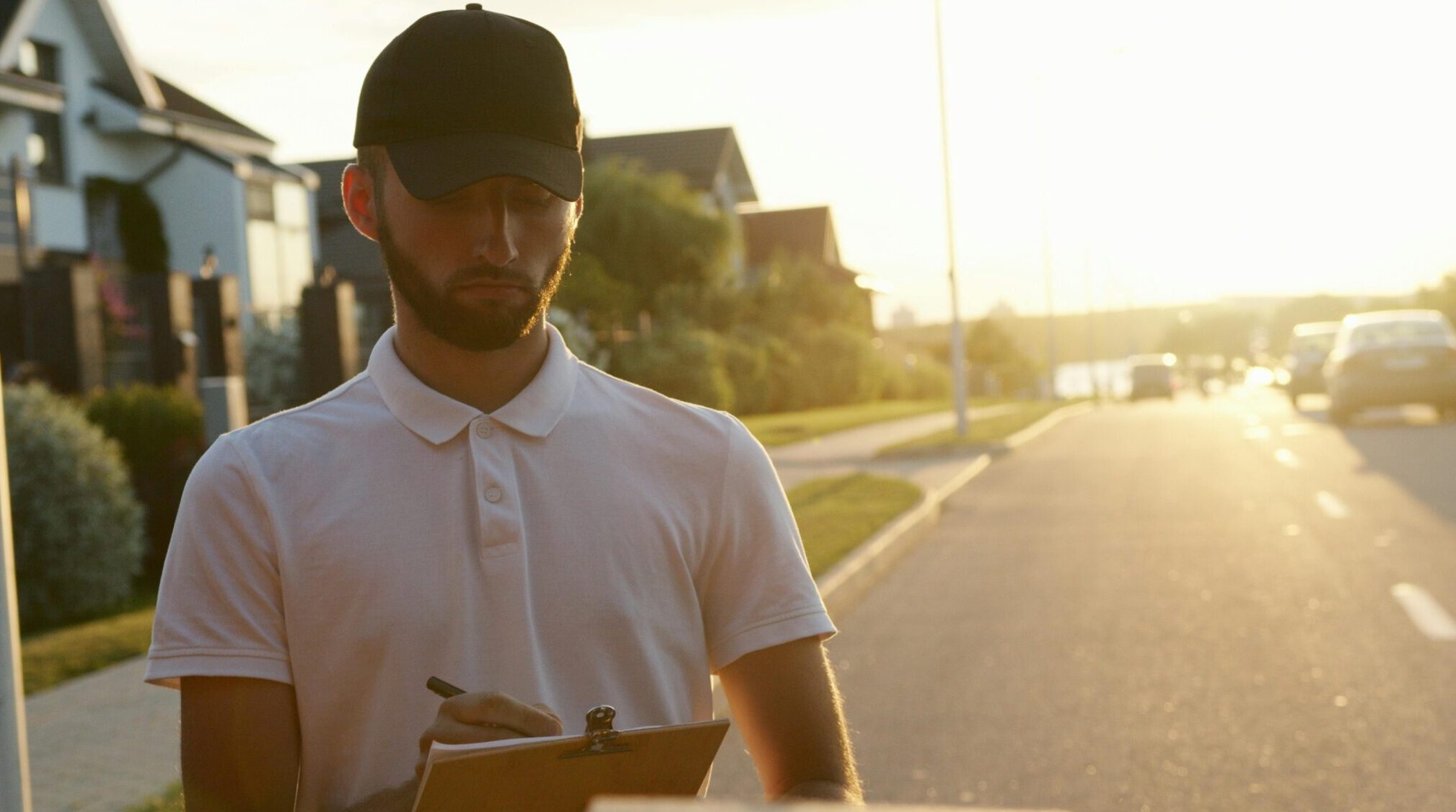 Delivery worker writing on clipboard while delivering packages on a sunny street.